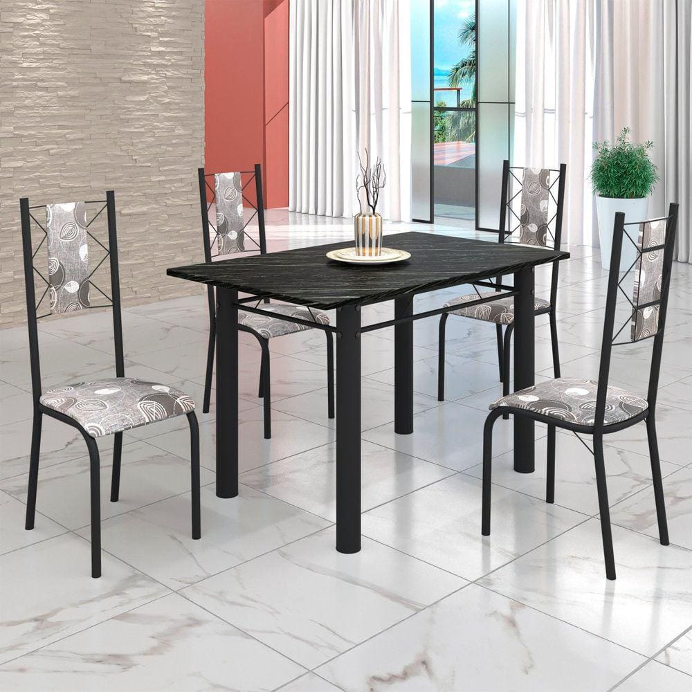 Conjunto Sala de Jantar Bahia Mesa Tubo 120x75cm Tampo Pedra Ardósia Indiana com 4 Cadeiras Paraopeba/Preto Fosco
