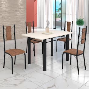 Conjunto Sala de Jantar Bahia Mesa Tubo 120x75cm Tampo Madeira com 4 Cadeiras Marrom/Preto Fosco