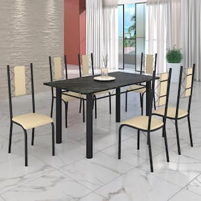 Conjunto Sala de Jantar Bahia Mesa Tubo 140x75cm Tampo Madeira Indiano com 6 Cadeiras Creme / Preto Fosco