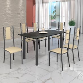 Conjunto Sala de Jantar Bahia Mesa Tubo 140x75cm Tampo Madeira Indiano com 6 Cadeiras Creme / Mart Prata
