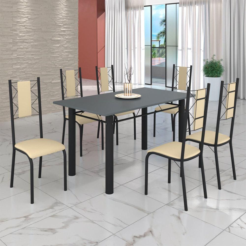 Conjunto Sala de Jantar Bahia Mesa Tubo 140x75cm Tampo Pedra com 6 Cadeiras Creme / Preto Fosco
