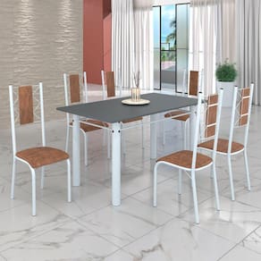 Conjunto Sala de Jantar Bahia Mesa Tubo 140x75cm Tampo Madeira com 6 Cadeiras Marrom/Branco