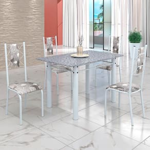 Conjunto Sala de Jantar Bahia Mesa Tubo 120x75cm Tampo Pedra Granito Ocre com 4 Cadeiras Paraopeba/Branco