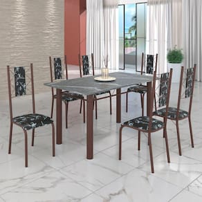 Conjunto Sala de Jantar Bahia Mesa Tubo 3" 140x75cm Tampo Pedra Granito Topázio com 6 Cadeiras Preto Floral / Marrom