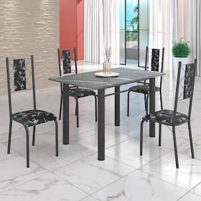 Conjunto Sala de Jantar Bahia Mesa Tubo 120x75cm Tampo Pedra Granito Topázio com 4 Cadeiras Preto Floral/Prata