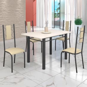 Conjunto Sala de Jantar Bahia Mesa Tubo 120x75cm Tampo Madeira com 4 Cadeiras Creme/Prata