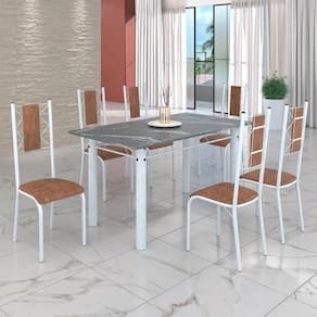 Conjunto Sala de Jantar Bahia Mesa Tubo 140x75cm Tampo Pedra Granito Topázio com 6 Cadeiras Marrom/Branco