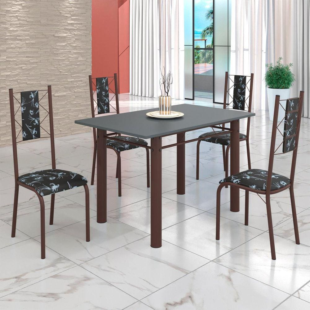 Conjunto Sala de Jantar Bahia Mesa Tubo 120x75cm Tampo Madeira com 4 Cadeiras Preto Floral/Marrom