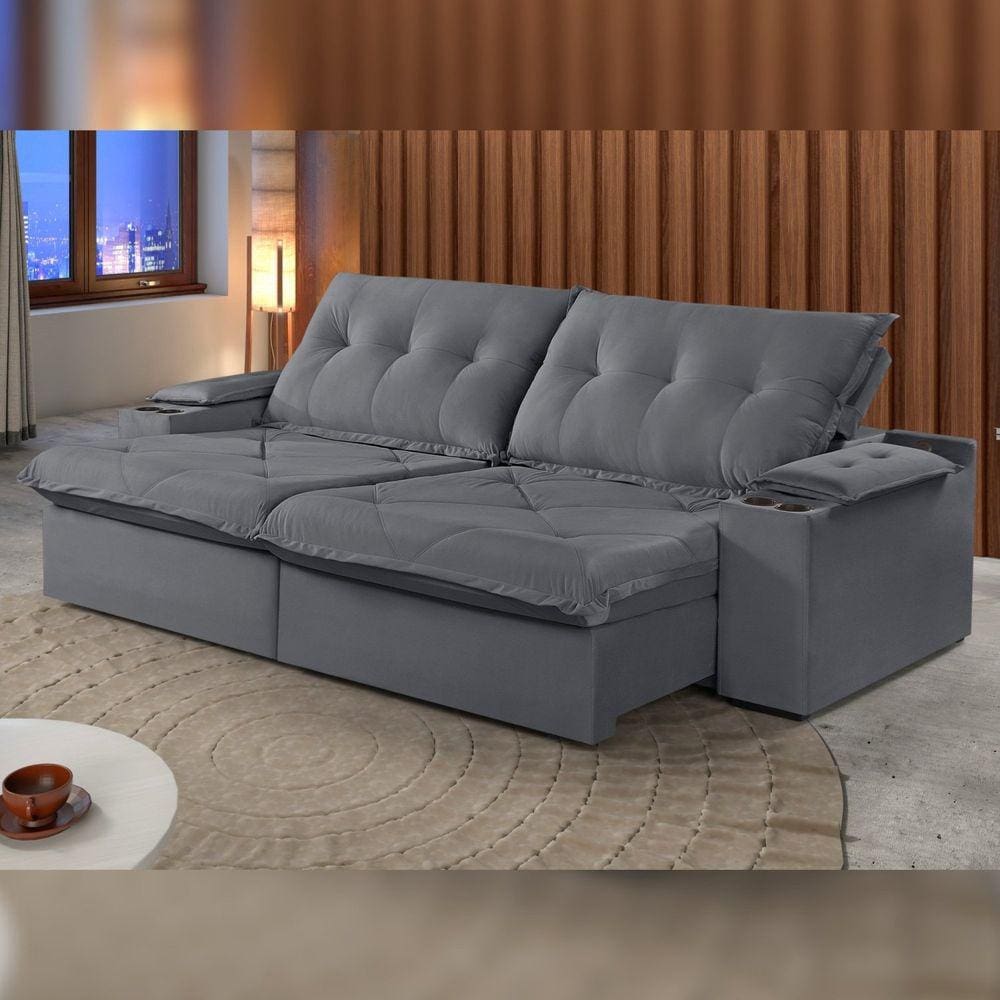 Sofá Retrátil e Reclinável 230cm M163 com Porta Copos Yescasa Veludo/Cinza Escuro
