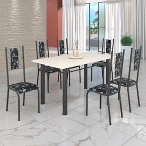 Conjunto Sala de Jantar Bahia Mesa Tubo 140x75cm Tampo Madeira com 6 Cadeiras Preto Floral / Mart Prata