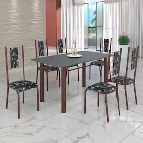 Conjunto Sala de Jantar Bahia Mesa Tubo 140x75cm Tampo Madeira com 6 Cadeiras Preto Floral / Marrom