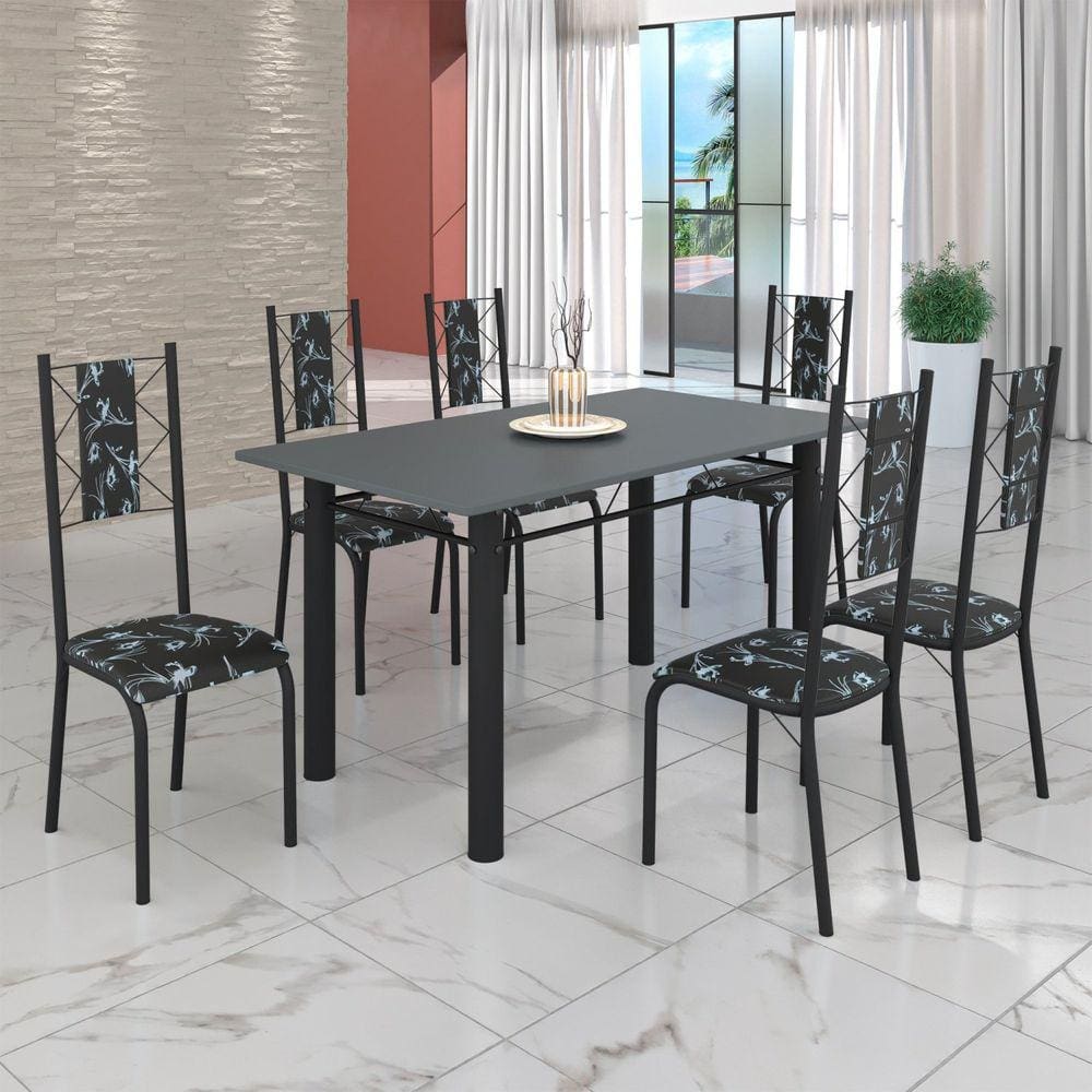 Conjunto Sala de Jantar Bahia Mesa Tubo 140x75cm Tampo Pedra com 6 Cadeiras Preto Floral / Preto Fosco