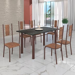 Conjunto Sala de Jantar Bahia Mesa Tubo 140x75cm Tampo Madeira Indiano com 6 Cadeiras Courino Marrom / Marrom