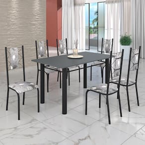 Conjunto Sala de Jantar Bahia Mesa Tubo 140x75cm Tampo Madeira com 6 Cadeiras Paraopeba/ Preto Fosco