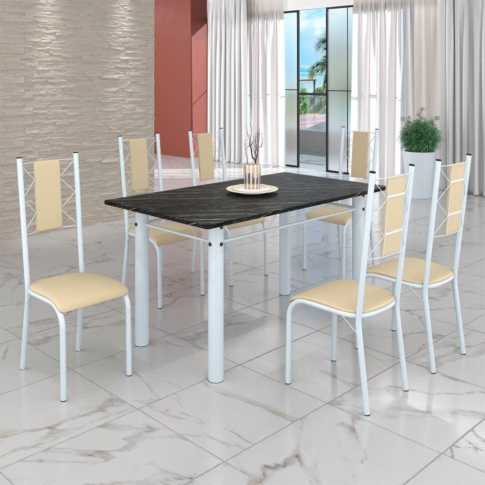 Conjunto Sala de Jantar Bahia Mesa Tubo 140x75cm Tampo Madeira Indiano com 6 Cadeiras Creme/Branco