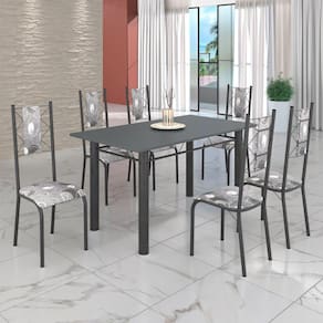 Conjunto Sala de Jantar Bahia Mesa Tubo 140x75cm Tampo Pedra com 6 Cadeiras Paraopeba / Mart Prata