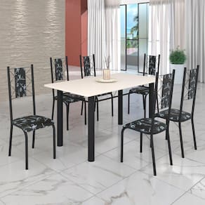 Conjunto Sala de Jantar Bahia Mesa Tubo 140x75cm Tampo Madeira com 6 Cadeiras Preto Floral / Preto Fosco
