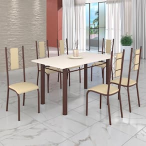 Conjunto Sala de Jantar Bahia Mesa Tubo 140x75cm Tampo Madeira com 6 Cadeiras Creme / Marrom
