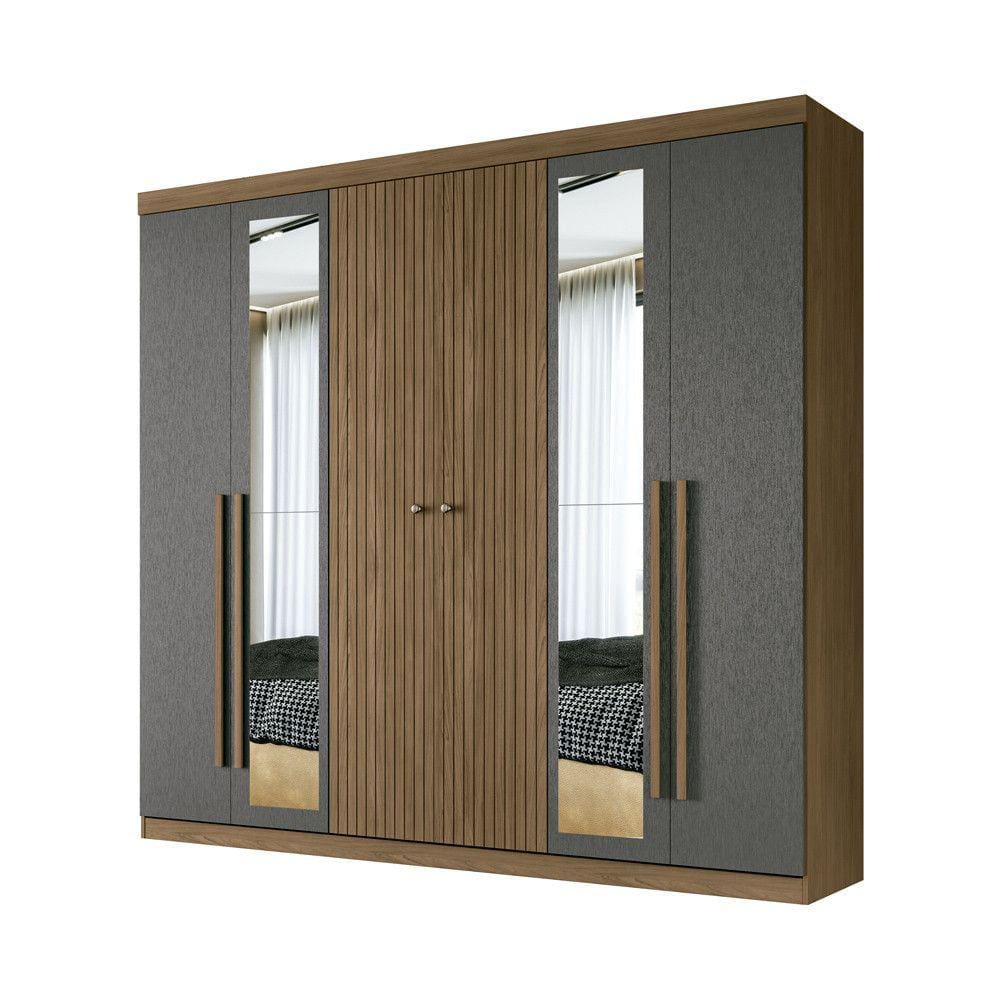 Guarda Roupa Casal 6 Portas Ripado com chaves Buriti com Espelhos Santos Andira Jatoba/Areia