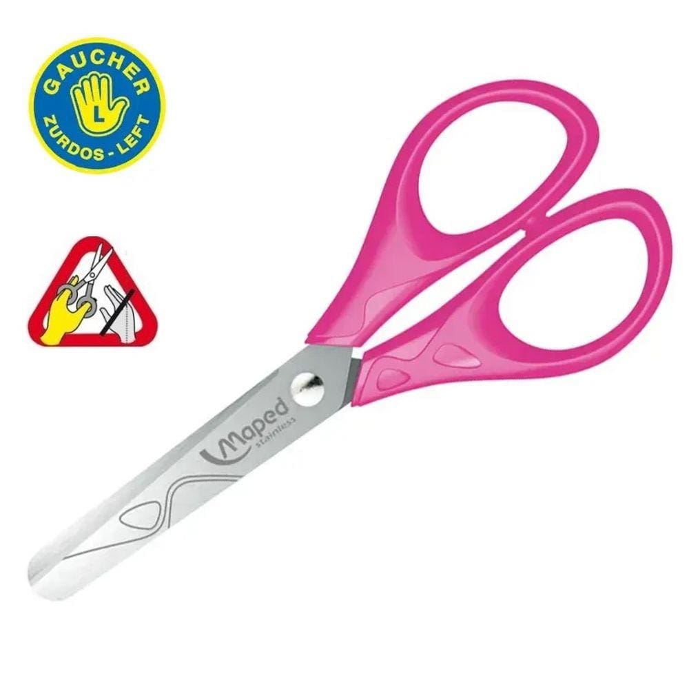Tesoura Escolar Para Canhoto 13cm Pulse Jacaré Ergônomica Cabo Emborrachado Sem Ponta Maped - COR: ROSA