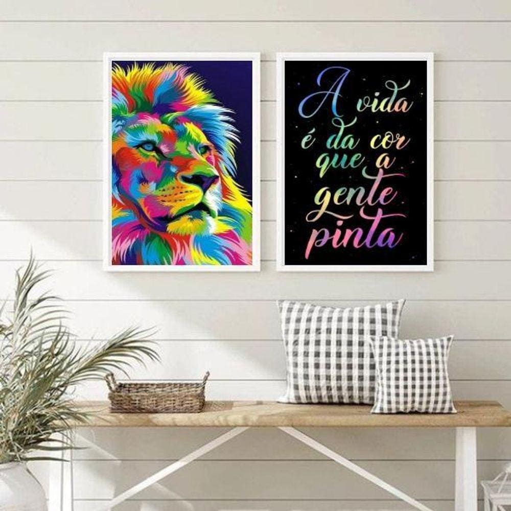 Kit 2 Quadros Leão 33x24cm - Com Vidro