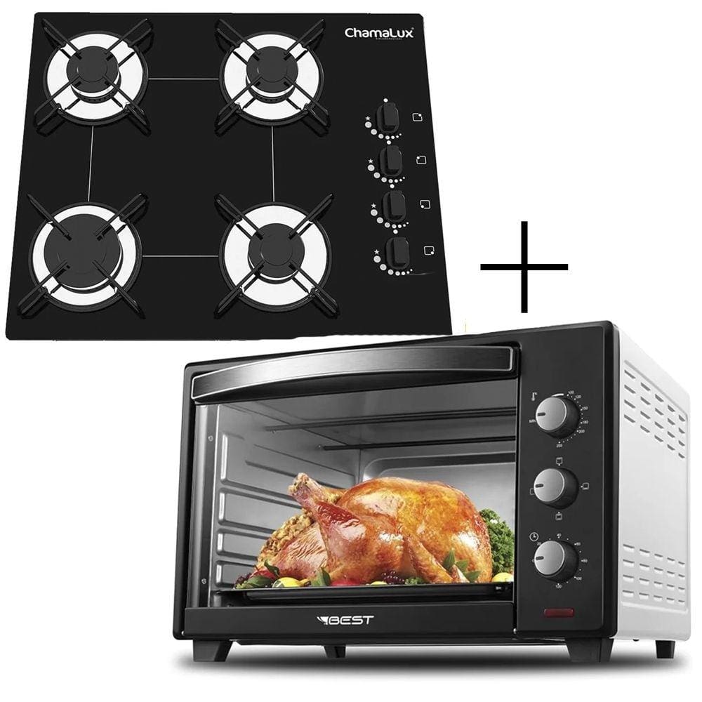 Fogão Cooktop 4 Bocas Preto + Forno de Eletrico 48 Litros 220v