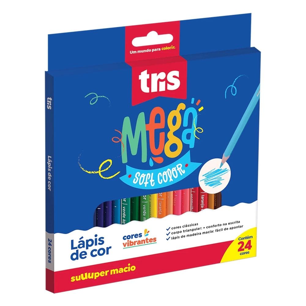 Lápis de Cor 24 Cores Triangular Tris Mega Soft Cores Vibrantes Super Macio