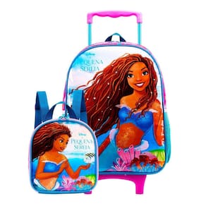 Mochila Rodas + Lancheira Témica Sereia Ariel - 40x29x13cm