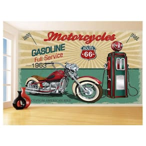 Papel De Parede Moto Retrô Arte Gasolina Pump 3,5M Bkm126
