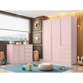 Quarto completo com Guarda Roupa 3 Portas e 4 Gavetas + Cômoda 2 Portas e 4 Gavetas Pérola Rosê - Phoenix Baby