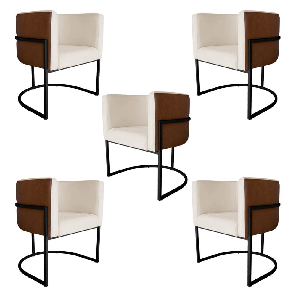 Kit 5 Poltronas Decorativa Cristal Base Preta Veludo Bege/Pu Caramelo - Montanaris Decor