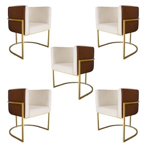 Kit 5 Poltronas Decorativa Cristal Base Gold Veludo Bege/Pu Caramelo - Montanaris Decor