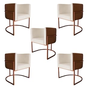 Kit 5 Poltronas Decorativa Cristal Base Bronze Veludo Bege/Pu Caramelo - Montanaris Decor
