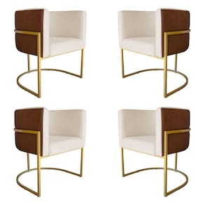 Kit 4 Poltronas Decorativa Cristal Base Gold Veludo Bege/Pu Caramelo - Montanaris Decor