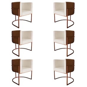 Kit 6 Poltronas Decorativa Cristal Base Bronze Veludo Bege/Pu Caramelo - Montanaris Decor