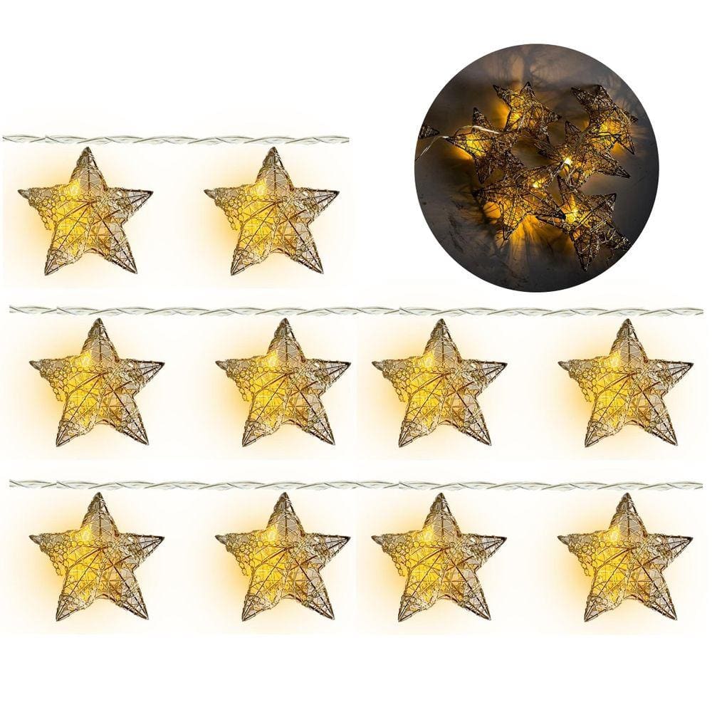 Cordão 10 Estrelas Aramado Dourado Luxo Lâmpadas LED 1,3 metros à Pilha - Magizi