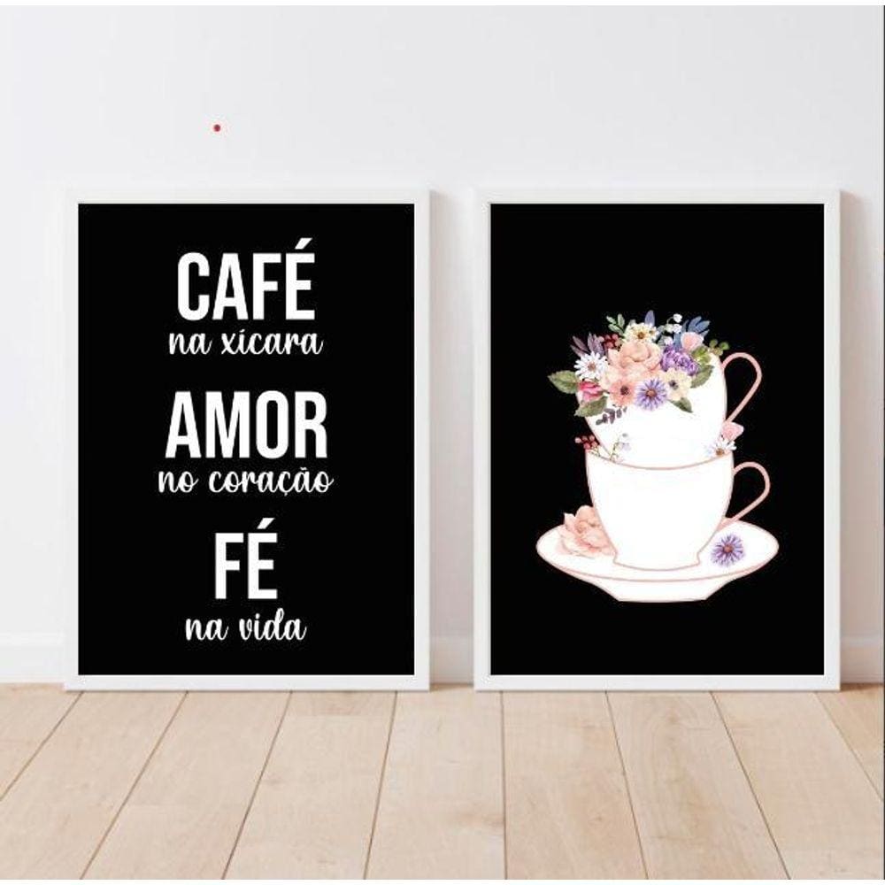 Kit 2 Quadros Café Amor Fé Floral 33X24Cm