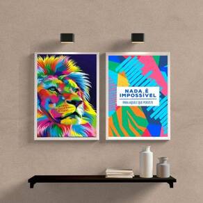 Kit 2 Quadros Leão Colorido Persistência 33X24Cm - Com Vidro