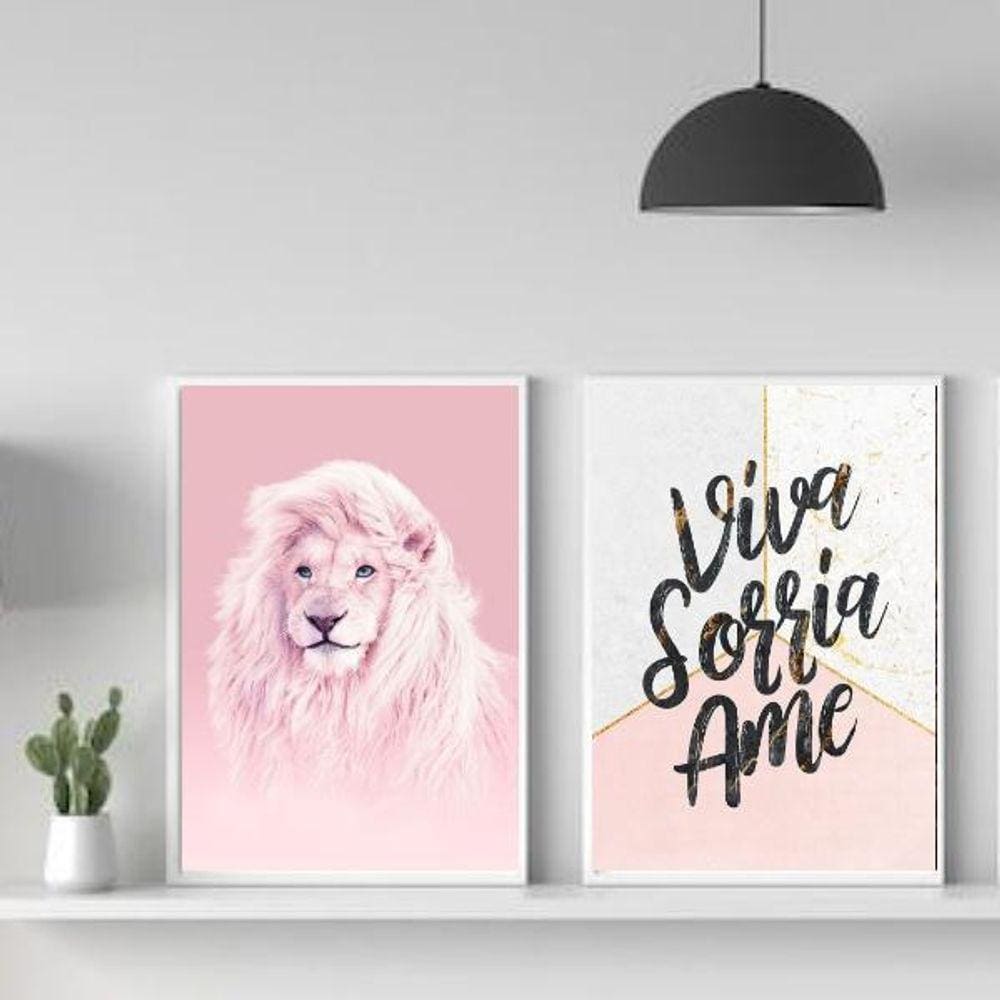 Quadros Leão Rosa 33x24cm - Vidro, Moldura Preta