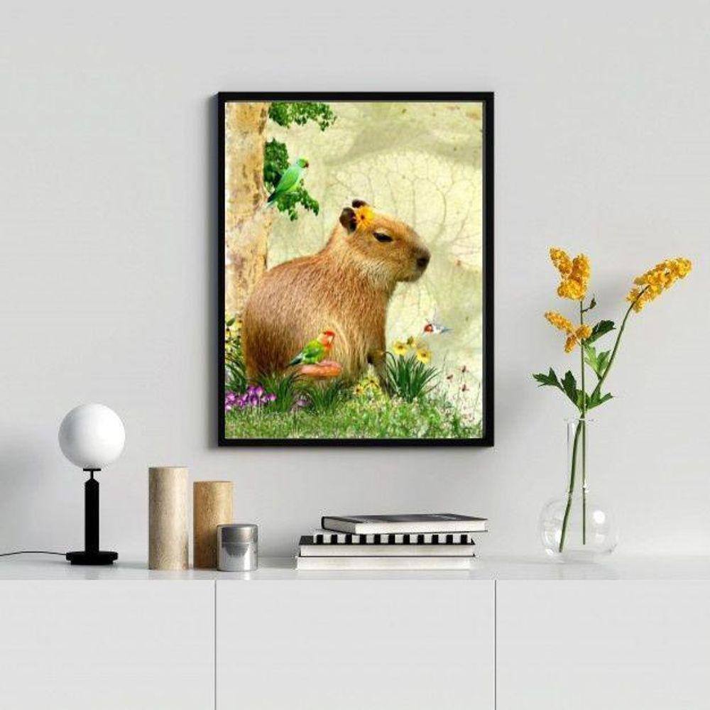 Quadro Capivara e Passarinhos 33x24cm - Vidro Branco