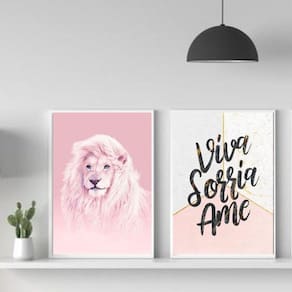 Kit 2 Quadros Leão Rosa Viva Sorria Ame 45X34Cm