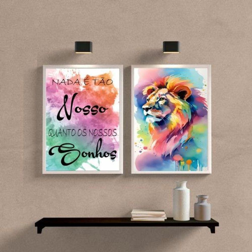 Kit 2 Quadros Leão Aquarela Nossos Sonhos 45X34Cm