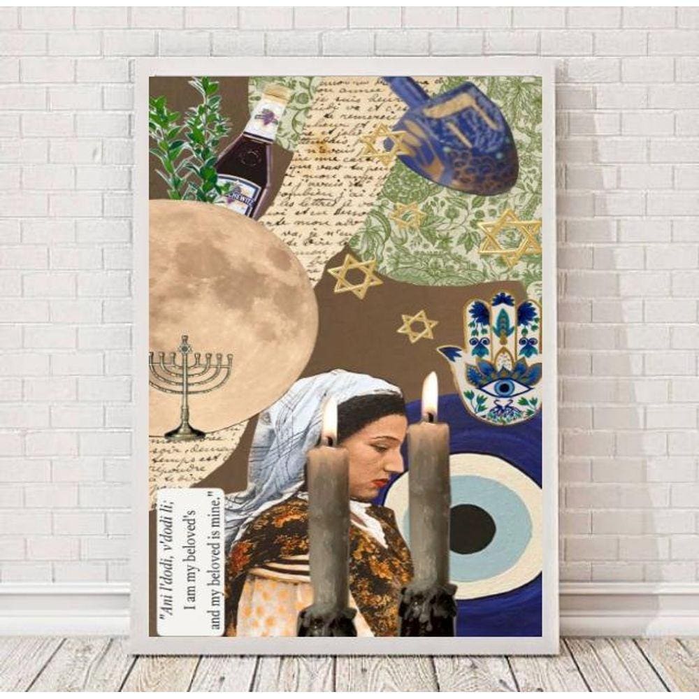 Quadro Decorativo Judaico Colagem 24x18cm - Madeira Branca