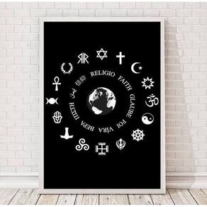 Quadro Religiões do Mundo Símbolos 45x34cm Madeira Preta
