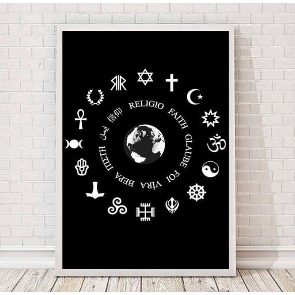 Quadro Religiões do Mundo Símbolos 33x24cm Madeira Preta