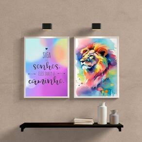 Quadro Leão Siga Sonhos 24x18cm - Vidro e Moldura Preta