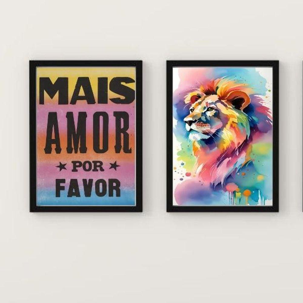 Quadros Leão Aquarela + Amor | 24x18cm | Moldura Preta