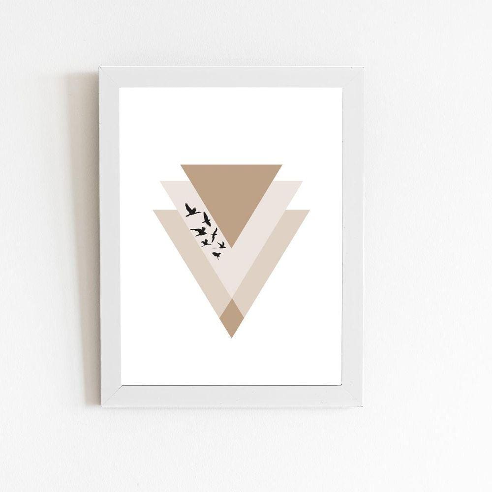 Triângulo Geométrico Dourado Quadro Moldura Branca 60X40Cm