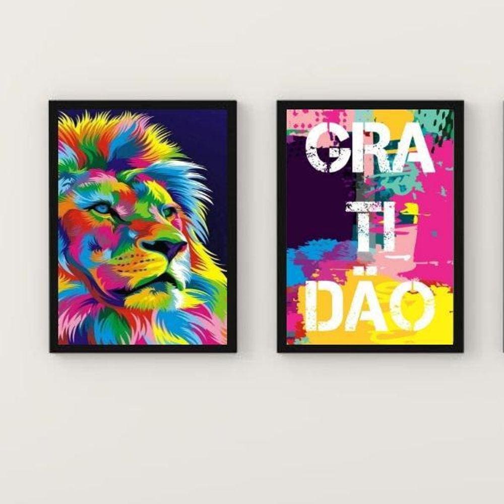 Kit 2 Quadros Leão Color Gratidão 45x34cm Moldura Branca