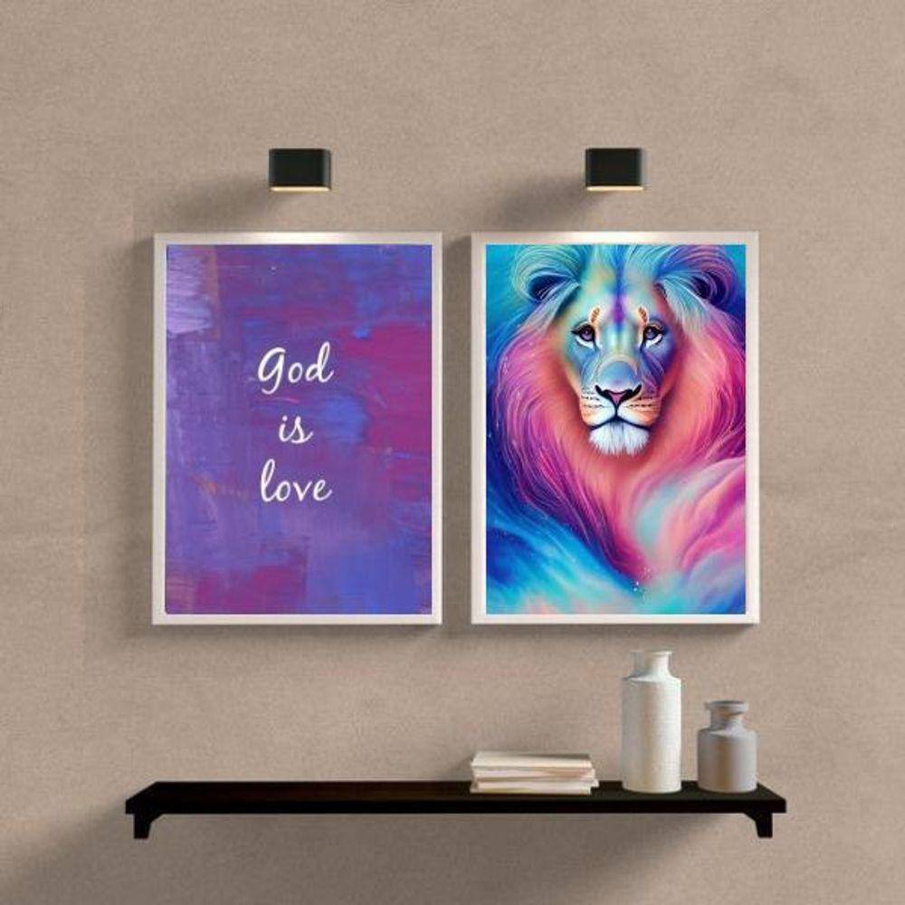 Kit 2 Quadros Leão Galáxia 24x18cm - Madeira Preta